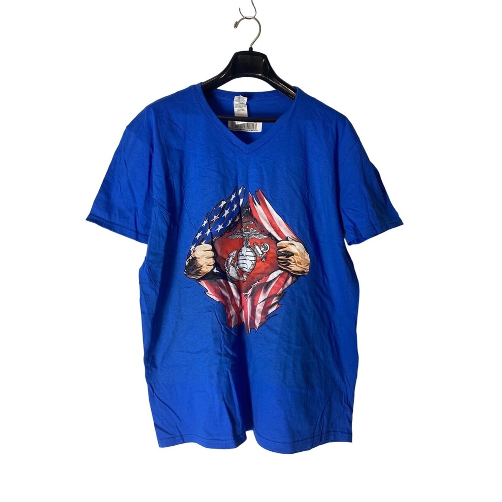 Gildan Men's V-Neck Graphic T-Shirt Short Sleeves Blue Size XL Tee‎ Cotton